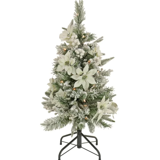 Online National Tree Company Artificial Frosted Colonial Pencil Slim Hinged Christmas Tree With Berries And Poinsettia Flowers, Pre-Lit With Clear Incandescent Lights, Plug In, 3 Ft