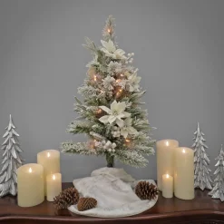 Online National Tree Company Artificial Frosted Colonial Pencil Slim Hinged Christmas Tree With Berries And Poinsettia Flowers, Pre-Lit With Clear Incandescent Lights, Plug In, 3 Ft