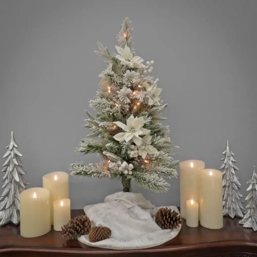 Online National Tree Company Artificial Frosted Colonial Pencil Slim Hinged Christmas Tree With Berries And Poinsettia Flowers, Pre-Lit With Clear Incandescent Lights, Plug In, 3 Ft