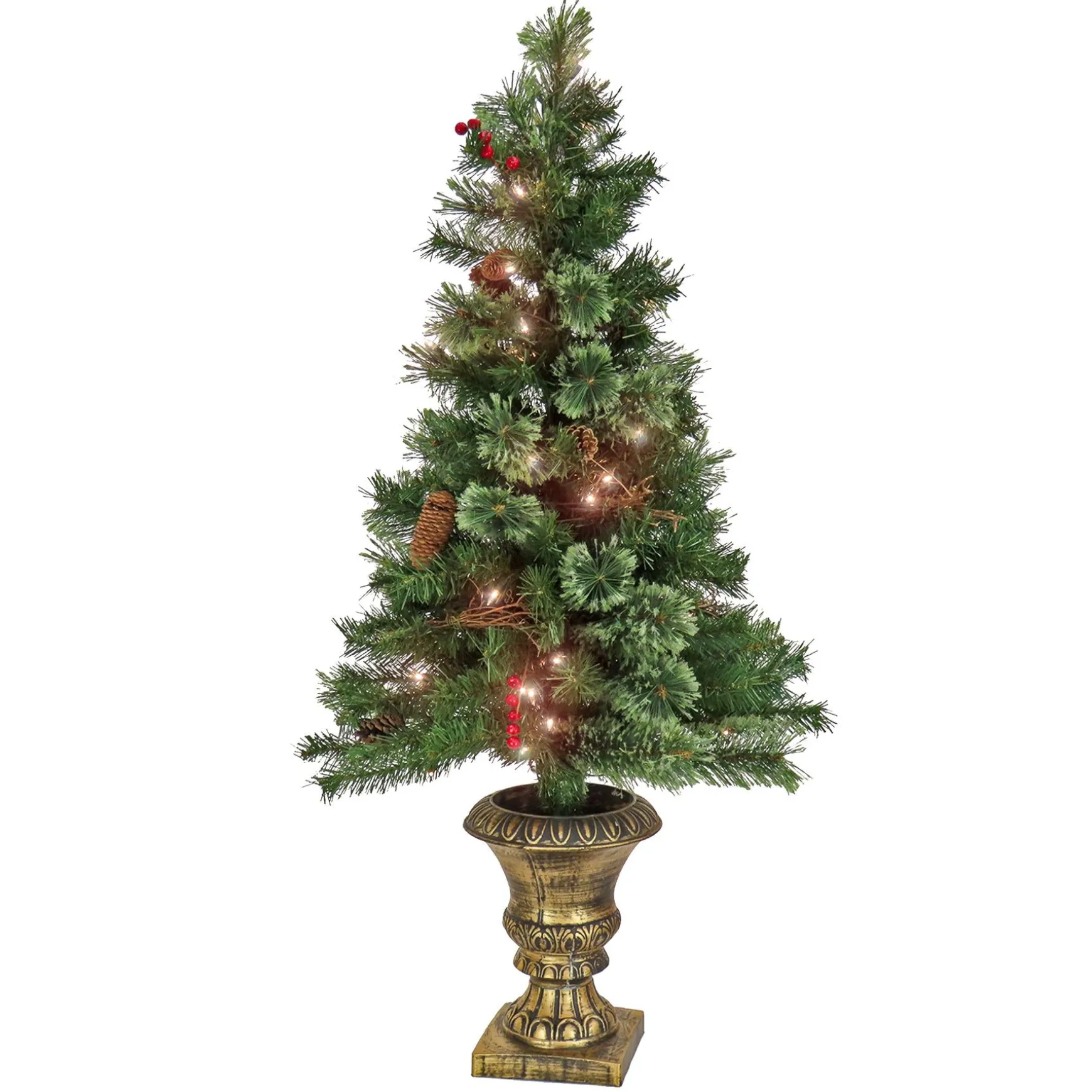 New National Tree Company Artificial Glistening Pine Entrance Christmas Tree With Red Berries And Pinecones, Pre-Lit With Clear Incandescent Lights, Plug In, 4 Ft
