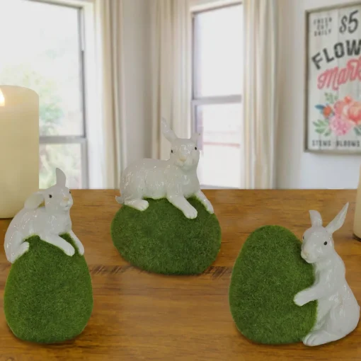 Fashion National Tree Company Artificial Green Moss Eggs, Includes White Bunnies, Set Of Three, Easter Collection, 7 Inches