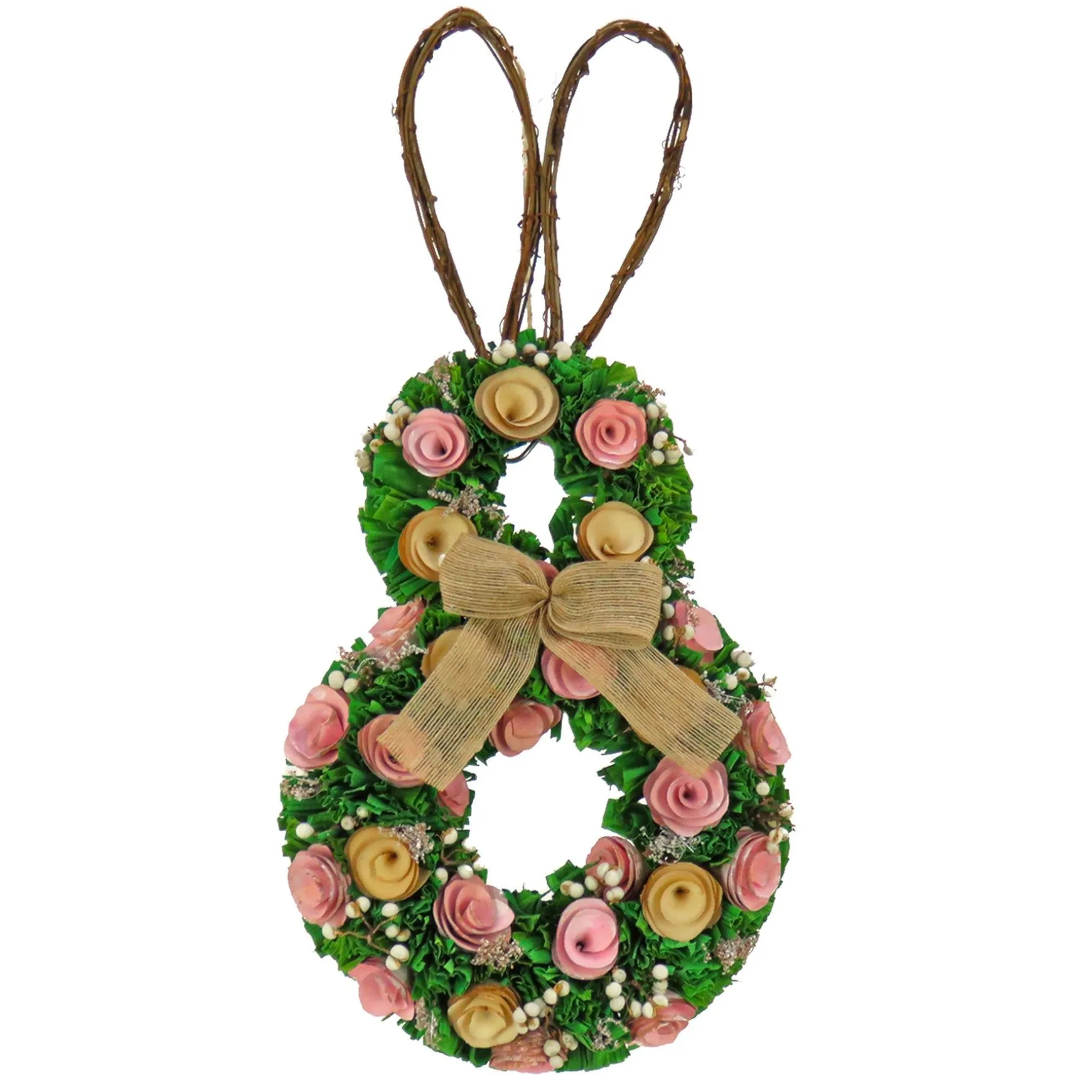 Fashion National Tree Company Artificial Hanging Bunny Silhouette, Decorated With Green, Pink And Yellow Flowers, Leafy Greens, Includes Wicker Ears, Easter Collection, 20 Inches