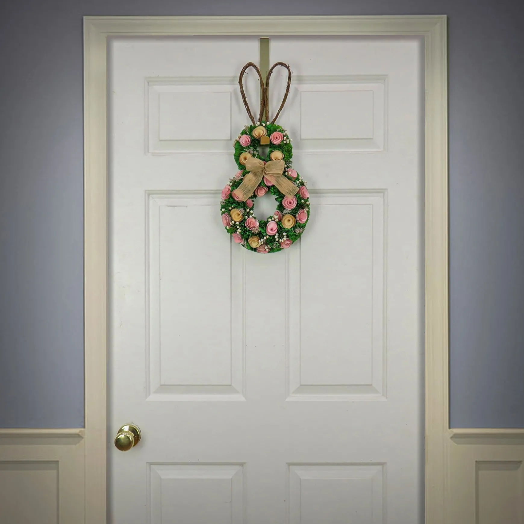 Fashion National Tree Company Artificial Hanging Bunny Silhouette, Decorated With Green, Pink And Yellow Flowers, Leafy Greens, Includes Wicker Ears, Easter Collection, 20 Inches