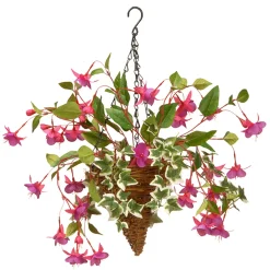 New National Tree Company Artificial Hanging Cone Basket, Wicker Base, Decorated With Purple Flowers, Ivy, Spring Collection, 15 Inches