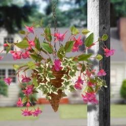New National Tree Company Artificial Hanging Cone Basket, Wicker Base, Decorated With Purple Flowers, Ivy, Spring Collection, 15 Inches