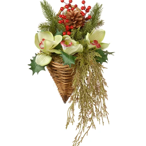Outlet National Tree Company Artificial Hanging Cone Basket, Wicker Base, Decorated With Green Flowers, Ivy, Berry Clusters, Pine Cones, Spring Collection, 11 Inches