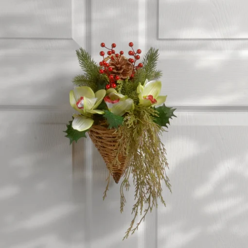 Outlet National Tree Company Artificial Hanging Cone Basket, Wicker Base, Decorated With Green Flowers, Ivy, Berry Clusters, Pine Cones, Spring Collection, 11 Inches