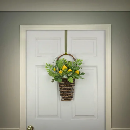 Cheap National Tree Company Artificial Hanging Wall Basket, Wicker Base, Decorated With Lemons, Seed Pods, Leafy Greens, Spring Collection, 21 Inches