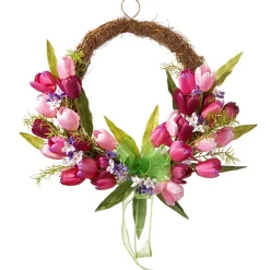 Best National Tree Company Artificial Hanging Wreath, Woven Branch Base, Decorated With Pink And Purple Tulip Blooms, Green Ribbon, Leafy Greens, Spring Collection, 20 Inches