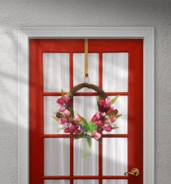 Best National Tree Company Artificial Hanging Wreath, Woven Branch Base, Decorated With Pink And Purple Tulip Blooms, Green Ribbon, Leafy Greens, Spring Collection, 20 Inches