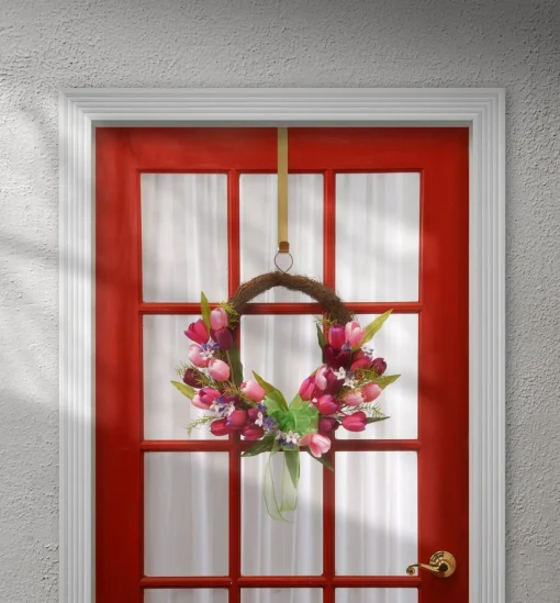 Best National Tree Company Artificial Hanging Wreath, Woven Branch Base, Decorated With Pink And Purple Tulip Blooms, Green Ribbon, Leafy Greens, Spring Collection, 20 Inches