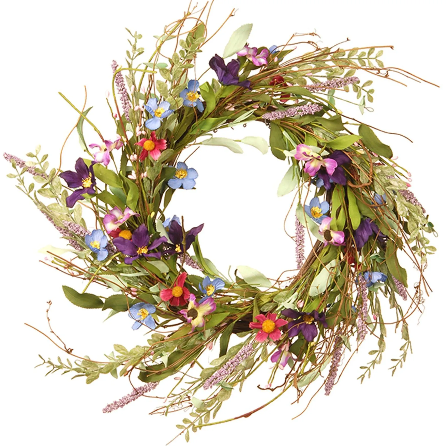 Cheap National Tree Company Artificial Hanging Wreath, Vine Stem Base, Decorated With Blue, Red And Pink Mixed Flower Blooms, Flowing Green Stems, Seed Pods, Spring Collection, 20 Inches