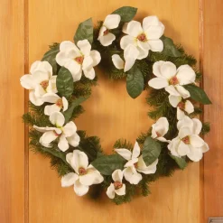 Store National Tree Company Artificial Hanging Wreath, Evergreen Branch Base, Decorated With Magnolias, North Valley Spruce Branches, Leaves, Spring Collection, 24 Inches