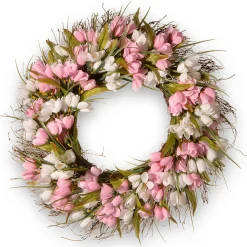 Hot National Tree Company Artificial Hanging Wreath, Woven Branch Base, Decorated With Pink And White Tulips, Flowing Green Stems, Spring Collection, 21 Inches