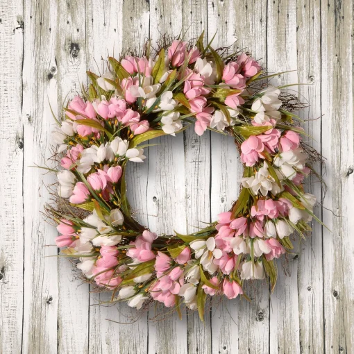 Hot National Tree Company Artificial Hanging Wreath, Woven Branch Base, Decorated With Pink And White Tulips, Flowing Green Stems, Spring Collection, 21 Inches