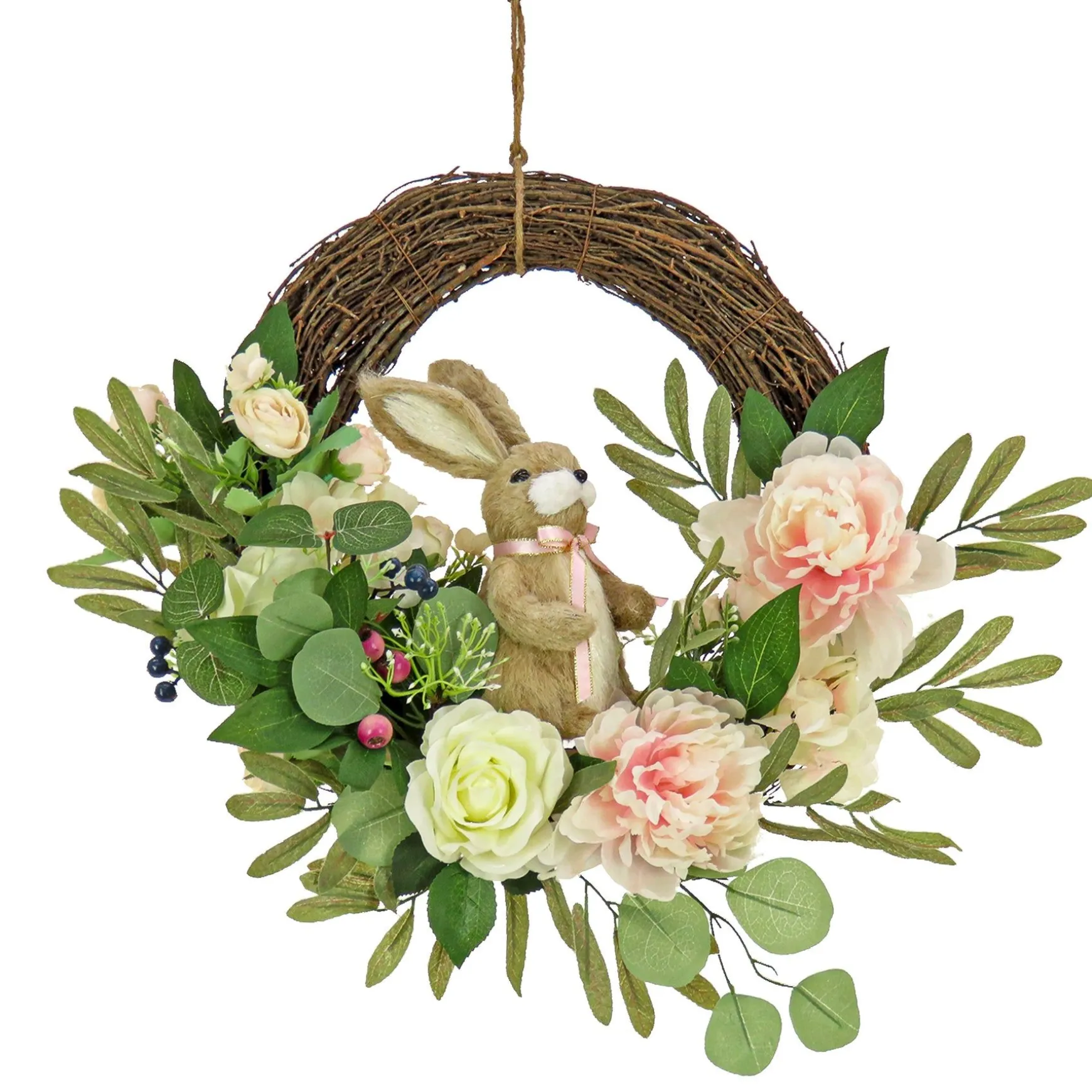 Cheap National Tree Company Artificial Hanging Wreath, Woven Branch Base, Decorated With Pastel Flower Blooms, Bunny, Leafy Greens, Easter Collection, 18 Inches
