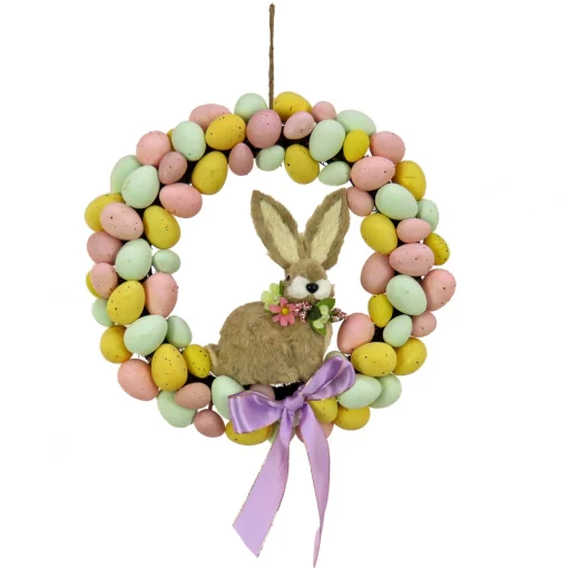 Online National Tree Company Artificial Hanging Wreath, Woven Branch Base, Decorated With Pastel Eggs, Ribbon, Bunny, Easter Collection, 16 Inches