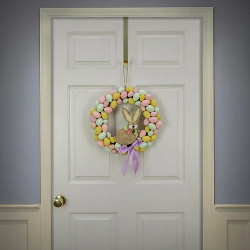 Online National Tree Company Artificial Hanging Wreath, Woven Branch Base, Decorated With Pastel Eggs, Ribbon, Bunny, Easter Collection, 16 Inches