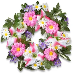 Cheap National Tree Company Artificial Hanging Wreath, Woven Branch Base, Decorated With Multicolor Daisy And Tiger Lily Blooms, Leafy Greens, Berry Clusters, Spring Collection, 18 Inches