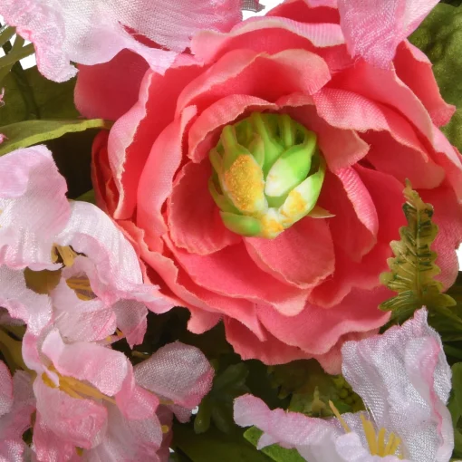 New National Tree Company Artificial Hanging Wreath, Woven Branch Base, Decorated Red And Pink Flower Blooms, Yellow Berry Clusters, Fern Fronds, Spring Collection, 20 Inches