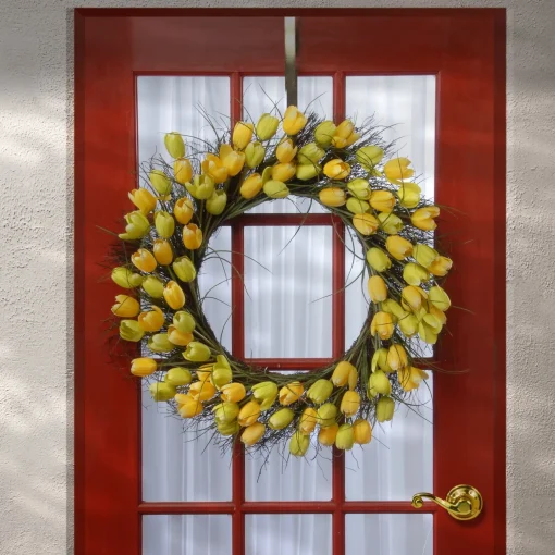 Flash Sale National Tree Company Artificial Hanging Wreath, Woven Branch Base, Decorated With Yellow Tulip Blooms, Flowing Green Stems, Spring Collection, 32 Inches
