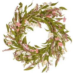 Clearance National Tree Company Artificial Hanging Wreath, Woven Stem Base, Green, Decorated With Flower Blooms, Seed Pods, Leafy Greens, Spring Collection, 22 Inches