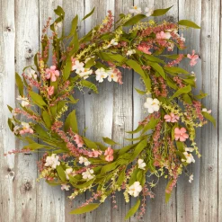 Clearance National Tree Company Artificial Hanging Wreath, Woven Stem Base, Green, Decorated With Flower Blooms, Seed Pods, Leafy Greens, Spring Collection, 22 Inches