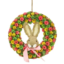 Fashion National Tree Company Artificial Hanging Wreath, Foam Base, Decorated With Colorful Flower Blooms, Ribbon, Bunny Head, Easter Collection, 16 Inches