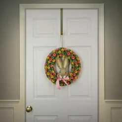 Fashion National Tree Company Artificial Hanging Wreath, Foam Base, Decorated With Colorful Flower Blooms, Ribbon, Bunny Head, Easter Collection, 16 Inches