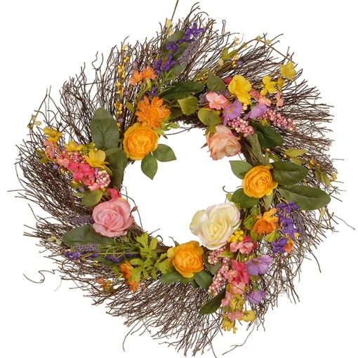 Clearance National Tree Company Artificial Hanging Wreath, Woven Branch Base, Decorated With Flower Blooms, Berry Clusters, Leaves, Spring Collection, 24 Inches