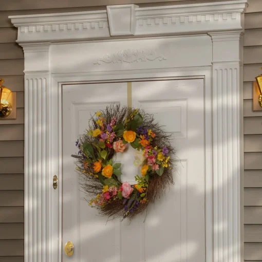 Clearance National Tree Company Artificial Hanging Wreath, Woven Branch Base, Decorated With Flower Blooms, Berry Clusters, Leaves, Spring Collection, 24 Inches