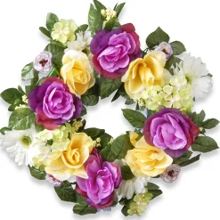 Fashion National Tree Company Artificial Hanging Wreath, Vine Stem Base, Decorated With Colorful Daisies, Hydrangeas, Roses, Leafy Greens, Spring Collection, 18 Inches