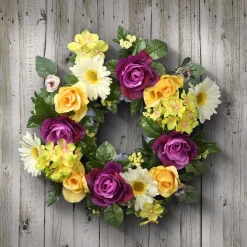 Fashion National Tree Company Artificial Hanging Wreath, Vine Stem Base, Decorated With Colorful Daisies, Hydrangeas, Roses, Leafy Greens, Spring Collection, 18 Inches