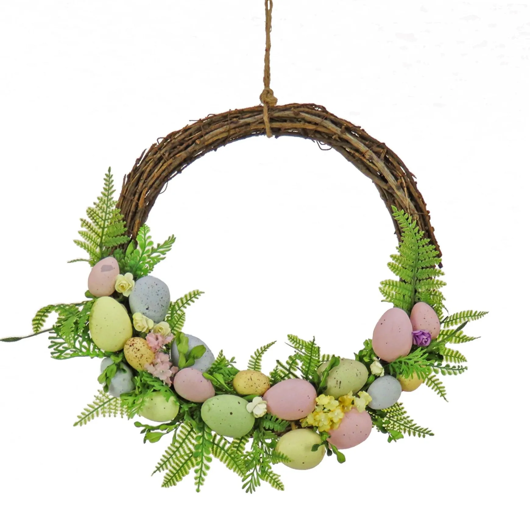 Best Sale National Tree Company Artificial Hanging Wreath, Woven Branch Base, Decorated With Pastel Eggs, Fern Fronds, Flower Blooms, Easter Collection, 16 Inches