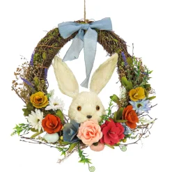 New National Tree Company Artificial Hanging Wreath, Woven Branch Base, Decorated With Multicolor Flower Blooms, Leafy Greens, Bunny Head, Easter Collection, 16 Inches