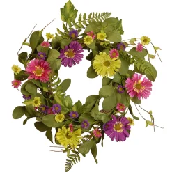 Best National Tree Company Artificial Hanging Wreath, Woven Branch Base, Decorated With Dasiy Blooms, Leafy Greens, Spring Collection, 22 Inches