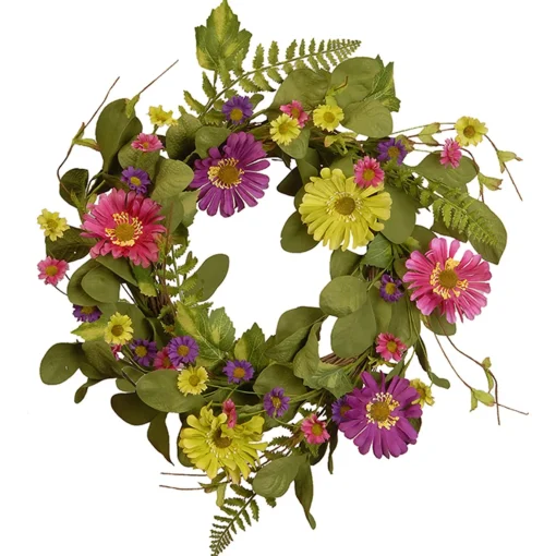 Best National Tree Company Artificial Hanging Wreath, Woven Branch Base, Decorated With Dasiy Blooms, Leafy Greens, Spring Collection, 22 Inches