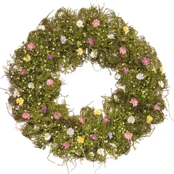 New National Tree Company Artificial Hanging Wreath, Woven Branch Base, Decorated With Yellow, White, Pink And Blue Flower Blooms, Green Ivy, Berries, Spring Collection, 19 Inches