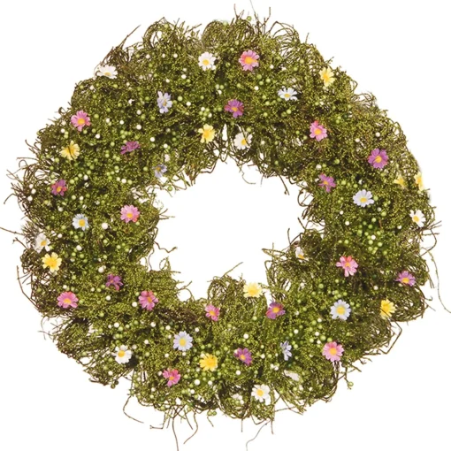 New National Tree Company Artificial Hanging Wreath, Woven Branch Base, Decorated With Yellow, White, Pink And Blue Flower Blooms, Green Ivy, Berries, Spring Collection, 19 Inches