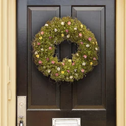 New National Tree Company Artificial Hanging Wreath, Woven Branch Base, Decorated With Yellow, White, Pink And Blue Flower Blooms, Green Ivy, Berries, Spring Collection, 19 Inches