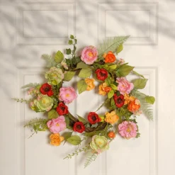 Cheap National Tree Company Artificial Hanging Wreath, Woven Branch Base, Decorated With Assorted Flowers, Fern Fronds, Leafy Greens, Spring Collection, 22 Inches
