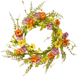 Discount National Tree Company Artificial Hanging Wreath, Vine Stem Base, Decorated With Yellow, Orange And Purple Daisy Blooms, Fern Fronds, Spring Collection, 20 Inches
