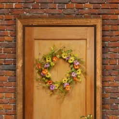 Discount National Tree Company Artificial Hanging Wreath, Vine Stem Base, Decorated With Yellow, Orange And Purple Daisy Blooms, Fern Fronds, Spring Collection, 20 Inches