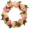 New National Tree Company Artificial Hanging Wreath, Woven Branch Base, Decorated With Pink And White Peony Blooms, Leafy Greens, Spring Collection, 24 Inches