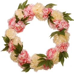 New National Tree Company Artificial Hanging Wreath, Woven Branch Base, Decorated With Pink And White Peony Blooms, Leafy Greens, Spring Collection, 24 Inches