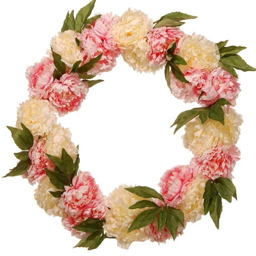 New National Tree Company Artificial Hanging Wreath, Woven Branch Base, Decorated With Pink And White Peony Blooms, Leafy Greens, Spring Collection, 24 Inches