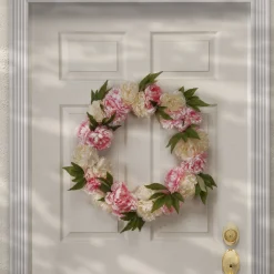 New National Tree Company Artificial Hanging Wreath, Woven Branch Base, Decorated With Pink And White Peony Blooms, Leafy Greens, Spring Collection, 24 Inches