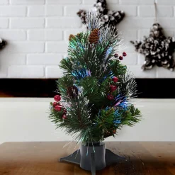 Hot National Tree Company Artificial Mini Christmas Tree, Green, Crestwood Spruce, Fiber Optic, Decorated With Pine Cones, Berry Clusters, Frosted Branches, Includes Stand, 18 Inches