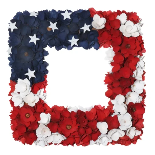 Hot National Tree Company Artificial Patriotic Hanging Square Wreath Wooden Base Decorated With Red White And Blue Flowers Stars 4Th Of July Collection 22 Inches