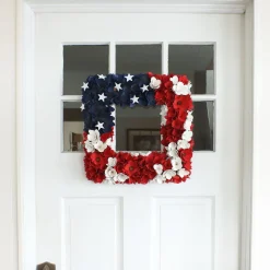 Hot National Tree Company Artificial Patriotic Hanging Square Wreath Wooden Base Decorated With Red White And Blue Flowers Stars 4Th Of July Collection 22 Inches
